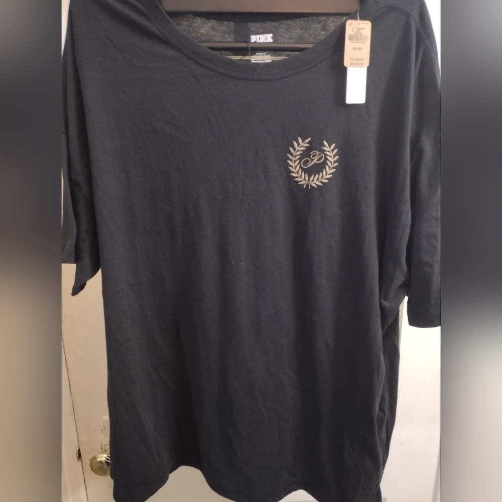 "Pink" By Victoria's Secret Black T-Shirt with Gold Embroidery NWT